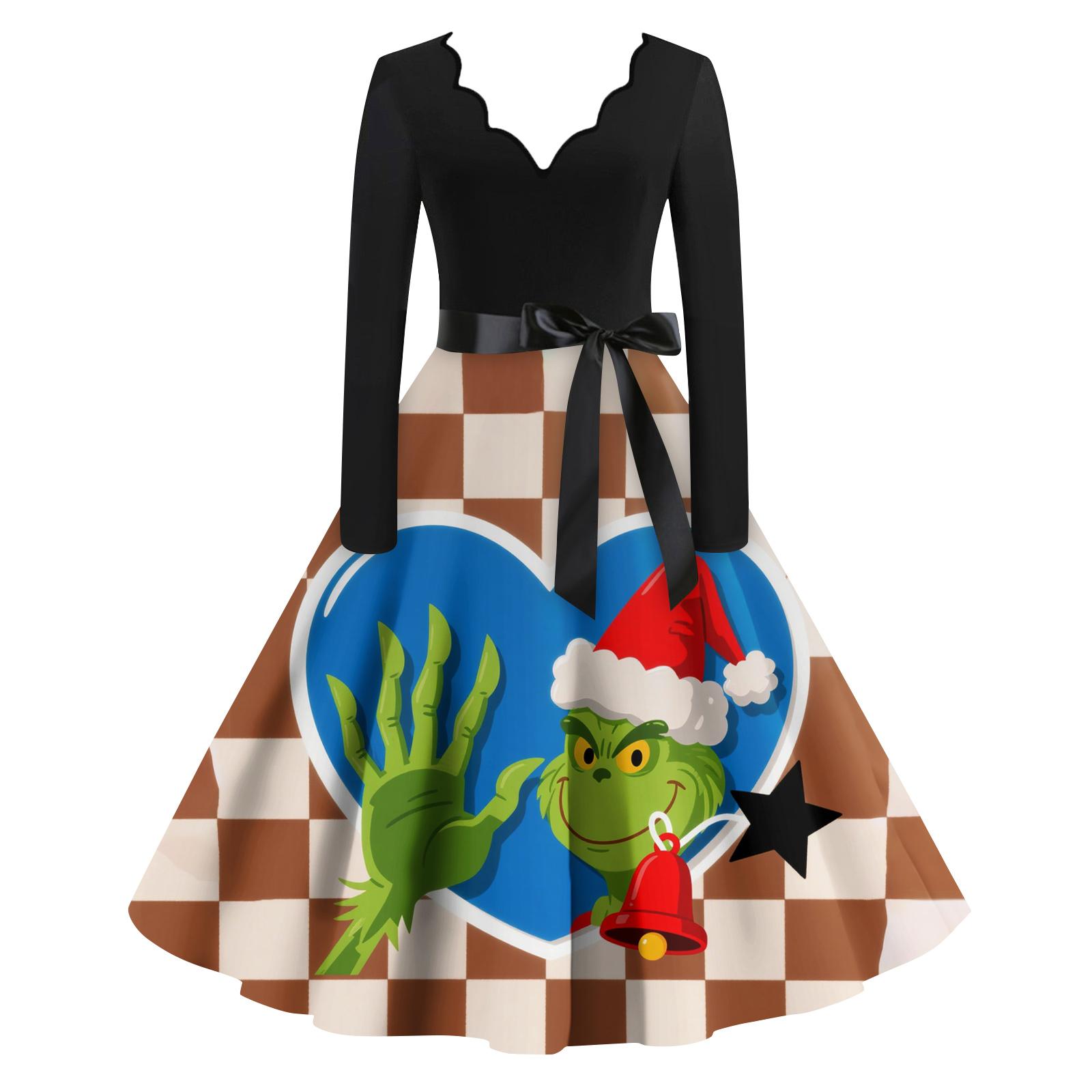 

Ladies Fashionable Retro Long Sleeved Square Neck Christmas Printed Evening Dress Dress M