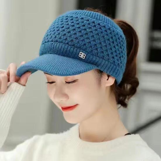 Knitted Hat Empty Top Plush Lining Casual Peaked Stretchy Keep Warm Solid Color Autumn Winter Women Sports Cap for Outdoor