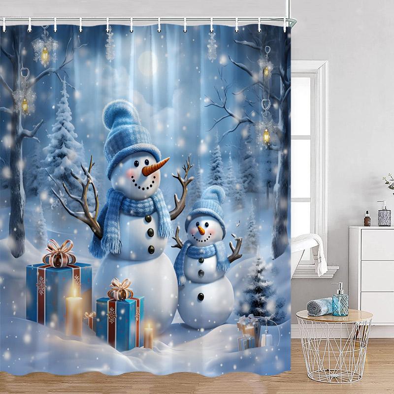 Funny Christmas Shower Curtain Red Santa Claus Cute Blue Snowman Winter Forest Landscape Cloth Home Bathroom Decor Bath Curtains