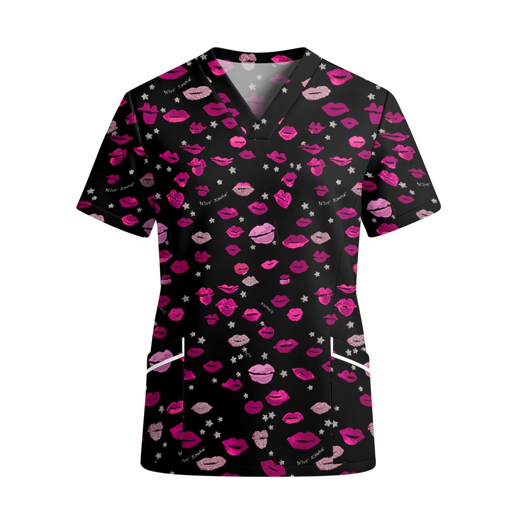 Womens V Neck Short Sleeve Printed Scrub Top with Pockets Animal Pattern Lightweight for Healthcare and Service Professionals
