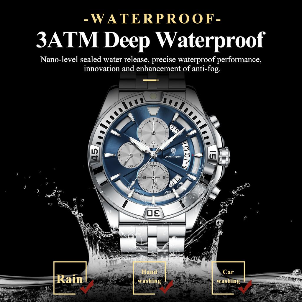 Herren Chronograph Armbanduhr Stahlarmband 3 Zifferblätter Timer Leuchtzeiger Kalender Wasserdicht Quarz Analog Uhren