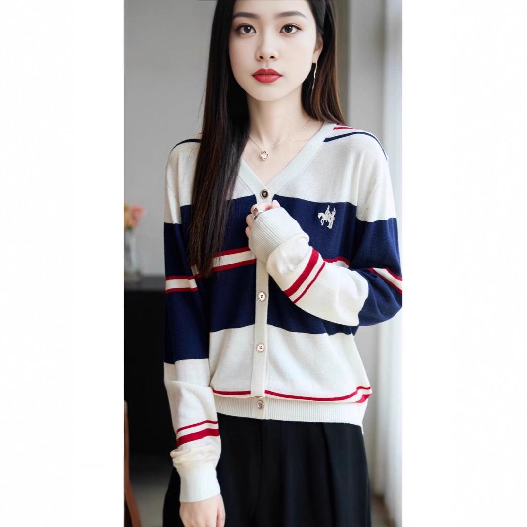 

2025 Women s Merino Wool V-Neck Striped Cardigan - Long Sleeve, Embroidered, Single-Breasted L