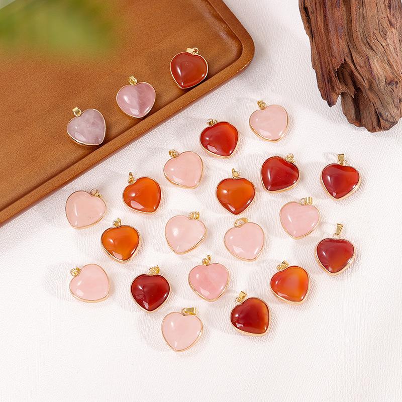 Rose Quartz Heart Shaped Natural Stone Agate Golden Edge Wrap Pendants Healing Crystal Chakra Reiki Love Gemstone