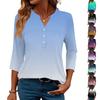 Women's Fashionable Casual Color Block Gradient Print V-Neck Button Three-Quarter Sleeve T-Shirt Top