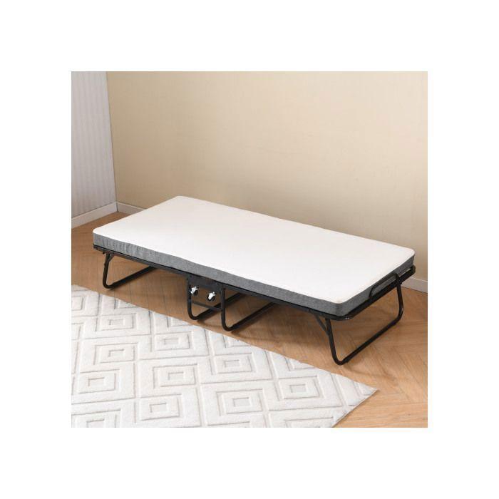 Lit pliant - MUVOE - 90x190 cm - Matelas mousse à mémoire de forme 10 cm - 4 roulettes - Noir