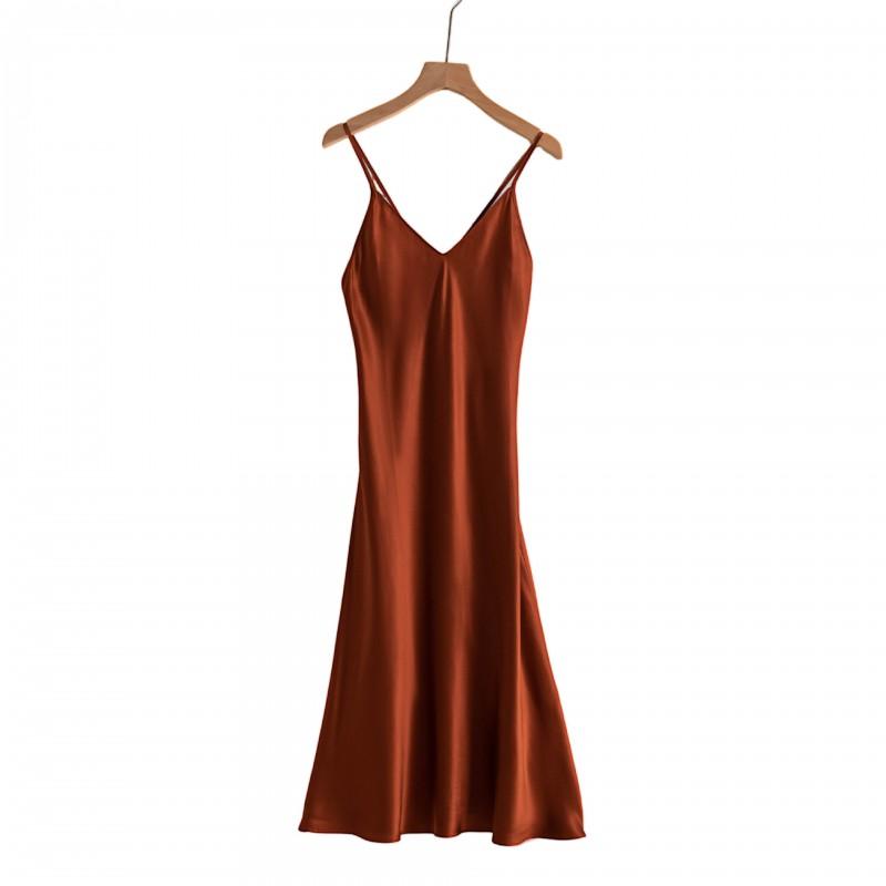 Womens Mid-Length Slip Dress Solid Color Silk Cami V-Neck Slim Fit Daily Wear