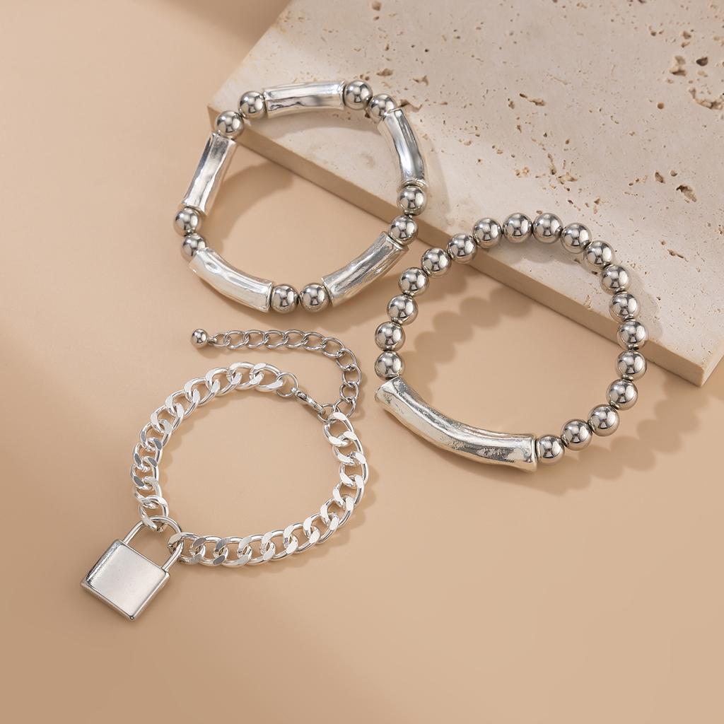 1SET Punk Wind Lock Pendant Bracelet Personalized Metal Elbow Beaded Elastic Jewelry Women