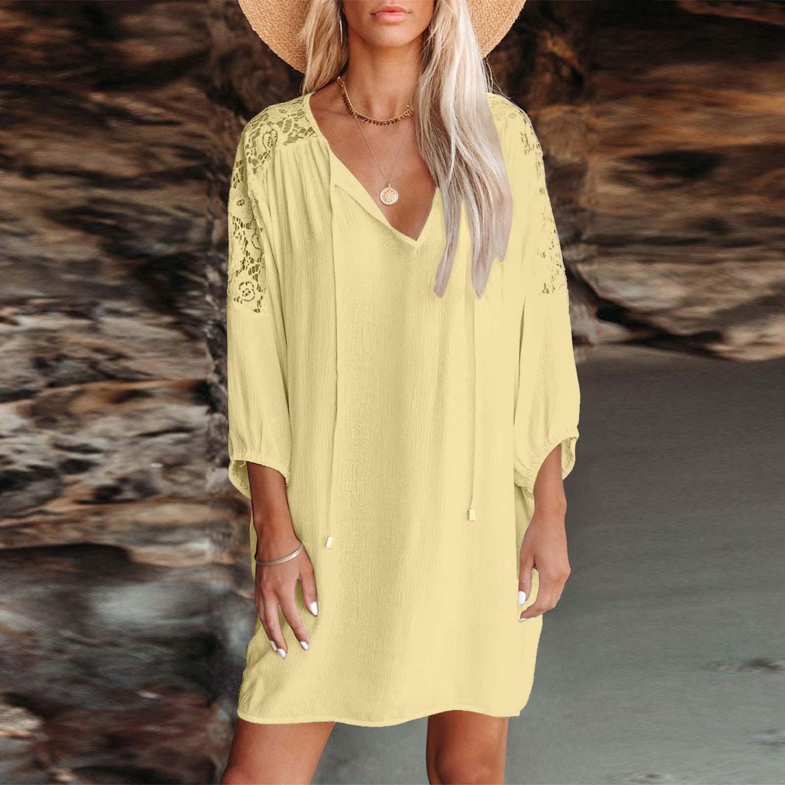 

(SU)Женское летнее модное легкое пляжное солнцезащитное платье с v-образным вырезом и шнуровкой XL хаки