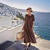 Women Summer Long Dress Tie Neck Short Sleeve Flowy Beach Sundress Casual Loose Vacation Long Dress with Pockets