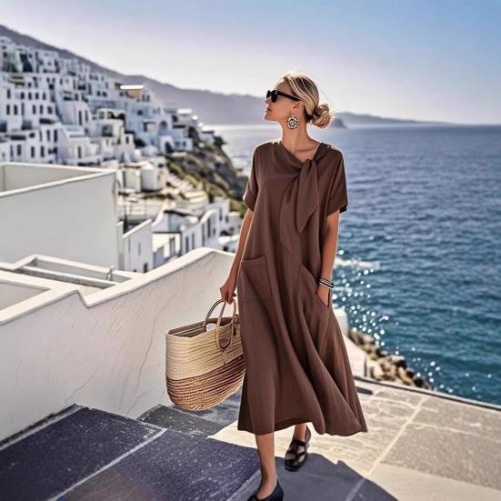 Women Summer Long Dress Tie Neck Short Sleeve Flowy Beach Sundress Casual Loose Vacation Long Dress with Pockets