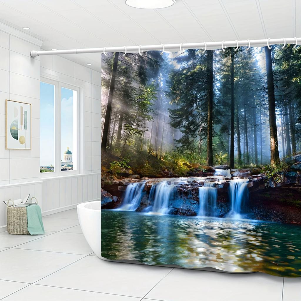 Forest Waterfall Shower Curtain: Serene, Nature-Inspired Bathroom Decor for Calming, Fresh Ambiance and Relaxing Retreat