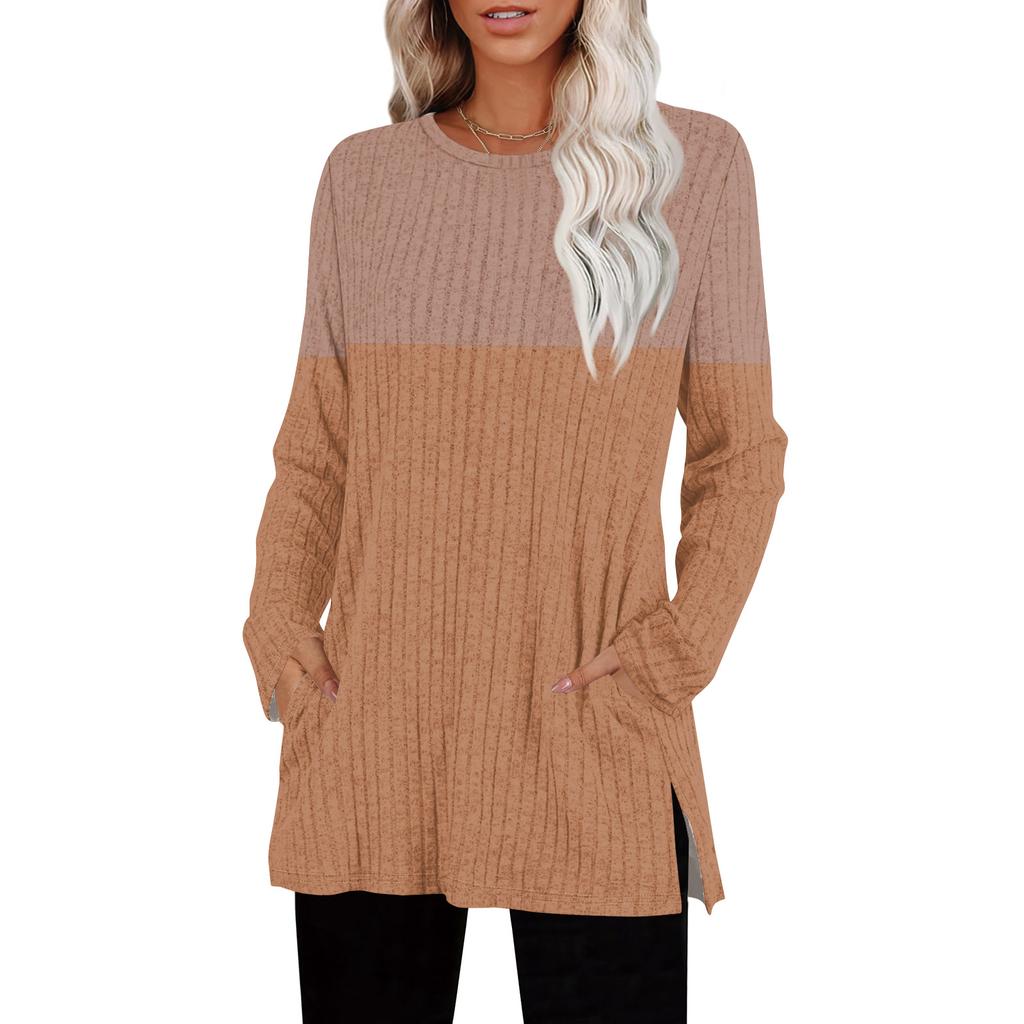 Womens Sweaters Crewneck Long Sleeve Shirts With Pockets Fall Outfits  Fashion Winter Clothing Side Slit