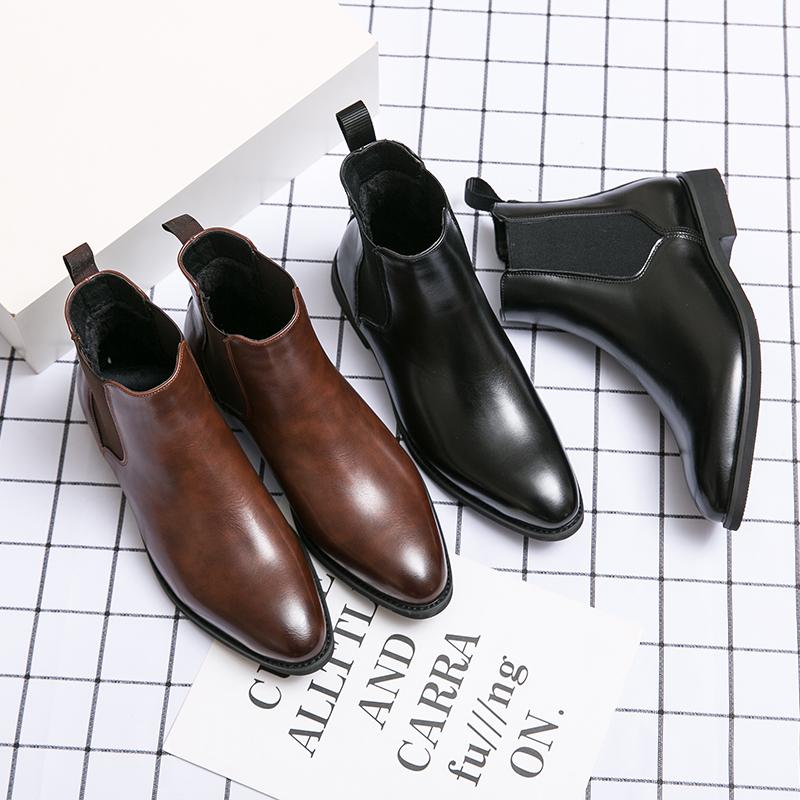 Fashion Winter Men Wedding Gentleman High Quality Leather Shoes Mens Boots Chelsea Fashion Shoes For Men Keep Warm Brown Black Boots