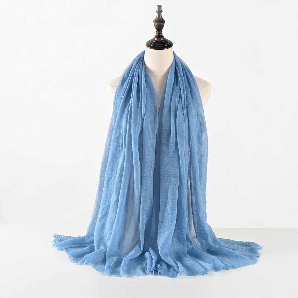 Crinkled Cotton-Linen Blend Scarf with Fringe - Solid Color, 90x180cm, Women's Headscarf