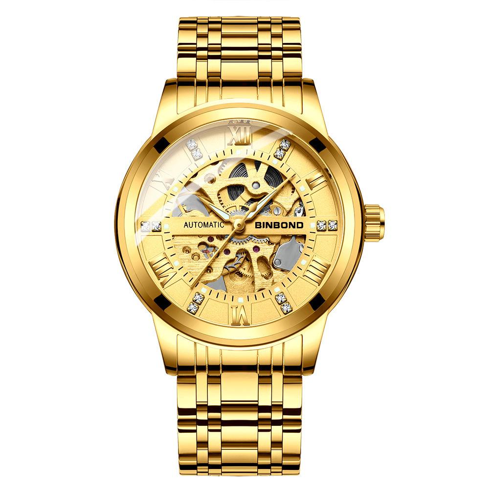 BINBOND Men s Luminous Skeleton Watch - Automatic Mechanical, Steel Strap, Waterproof