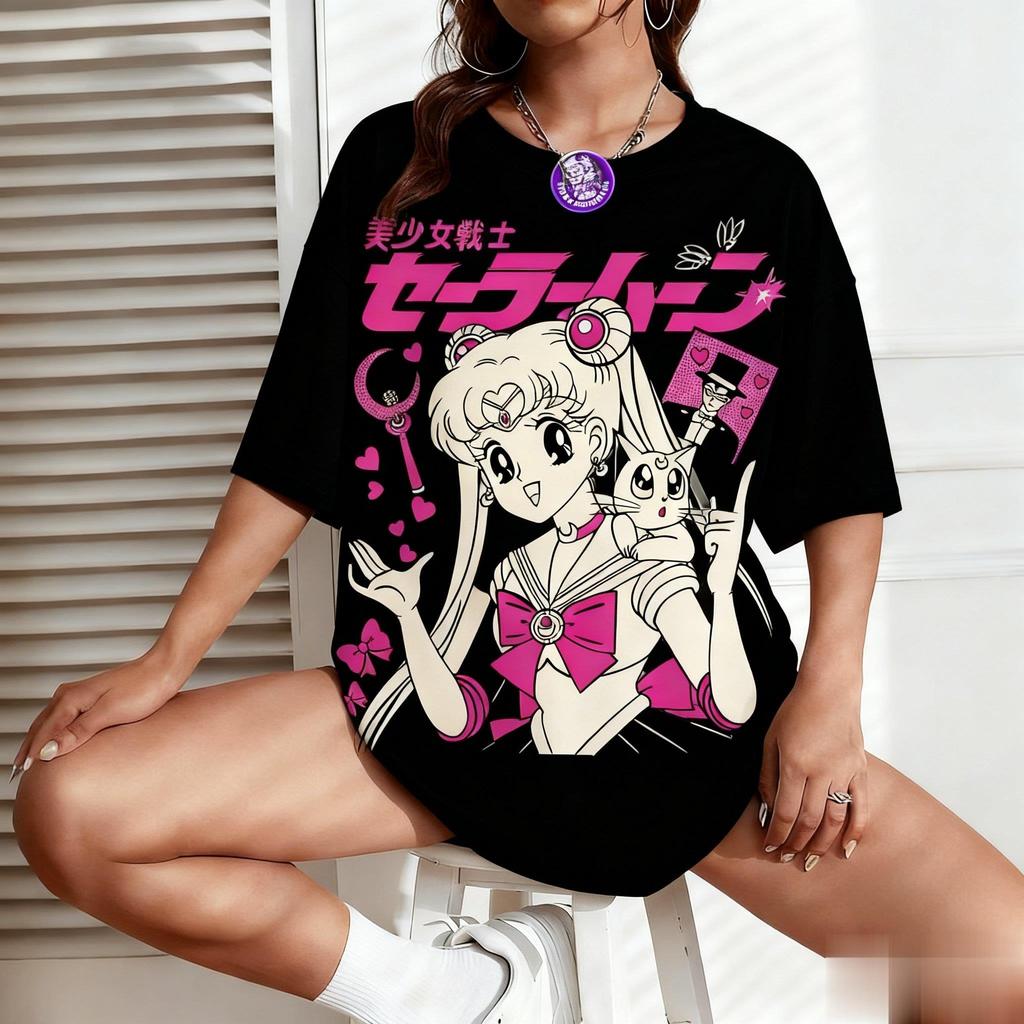Sailor Moon Anime Print Women Unisex Tshirt Cartoon Short Sleeve Tee Kawaii Summer Oversized Casual Streetwear Cotton