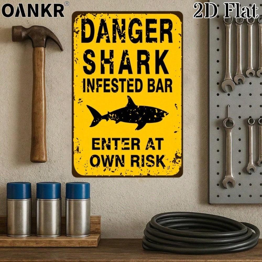 Vintage Shark Warning Metal Tin Sign, Retro Enter At Own Risk Plaque, Farmhouse Bar Wall Decor