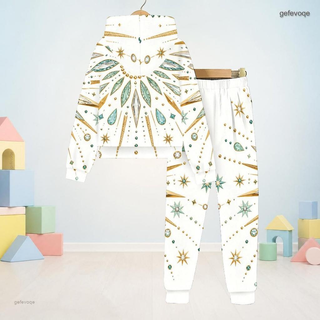 Unisex Kids Printed Black Hooded Long Sleeve Sweatshirt Cuffed Pants Two Piece Set
