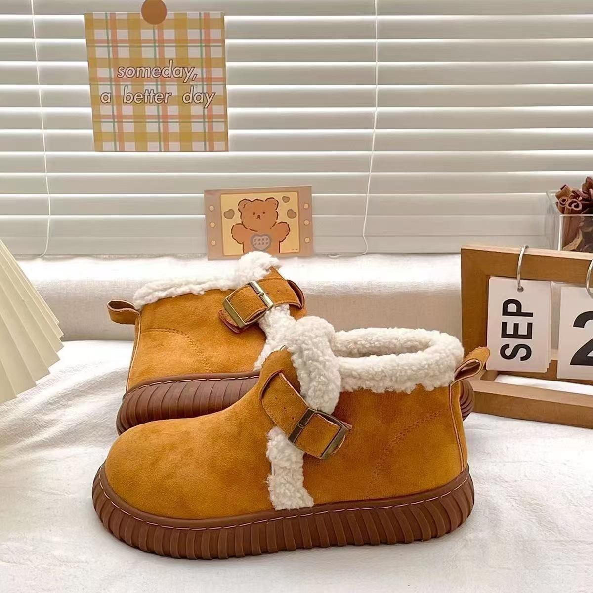 

Зимние теплые бархатные зимние сапоги 2024 года, женские новые туфли из хлопка на толстой подошве в стиле ретро с круглым носком, пушистые короткие сапоги с одной педалью 35 верблюд