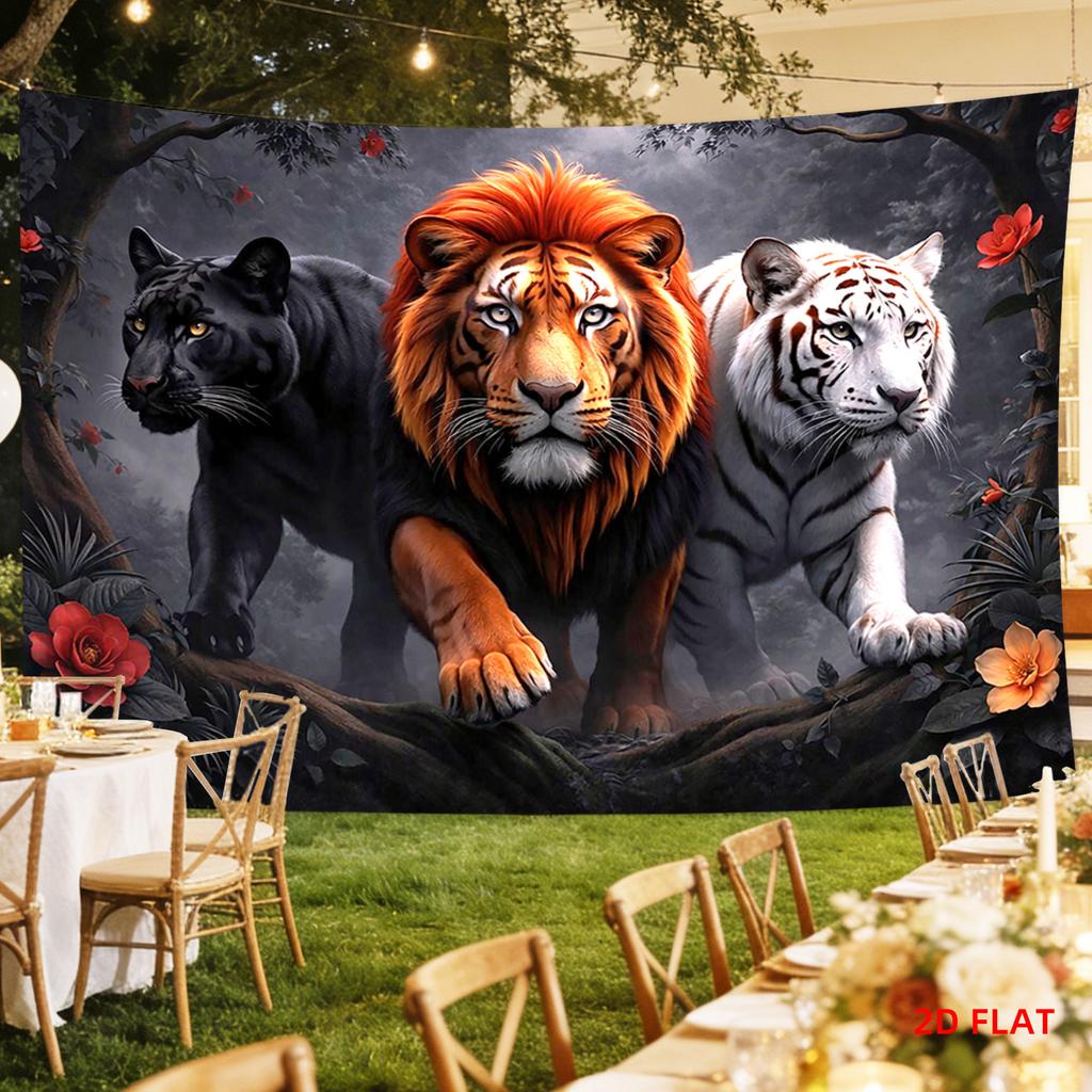 Majestic Lion Tiger Black Panther Jungle Flowers Tapestry Wall Hanging For Living Room Bedroom Decor Wild Animal Art Print Home