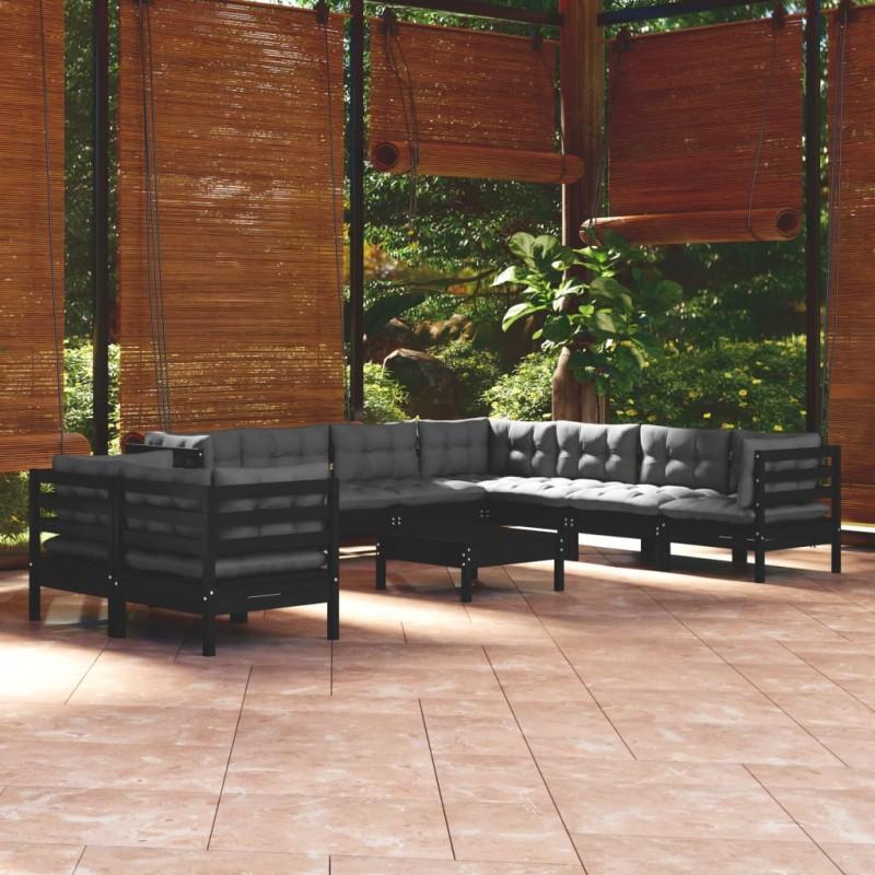 Día y Noche - Día y Noche Muebles de jardín 10 pzas con cojines negro madera maciza pino