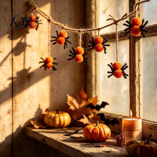 Indoor Halloween Party Supplies 78 Inch Hanging Spider Banner, Mini Black Orange Plush Wall Ornament for Home Pom Garland Party, Fireplace,