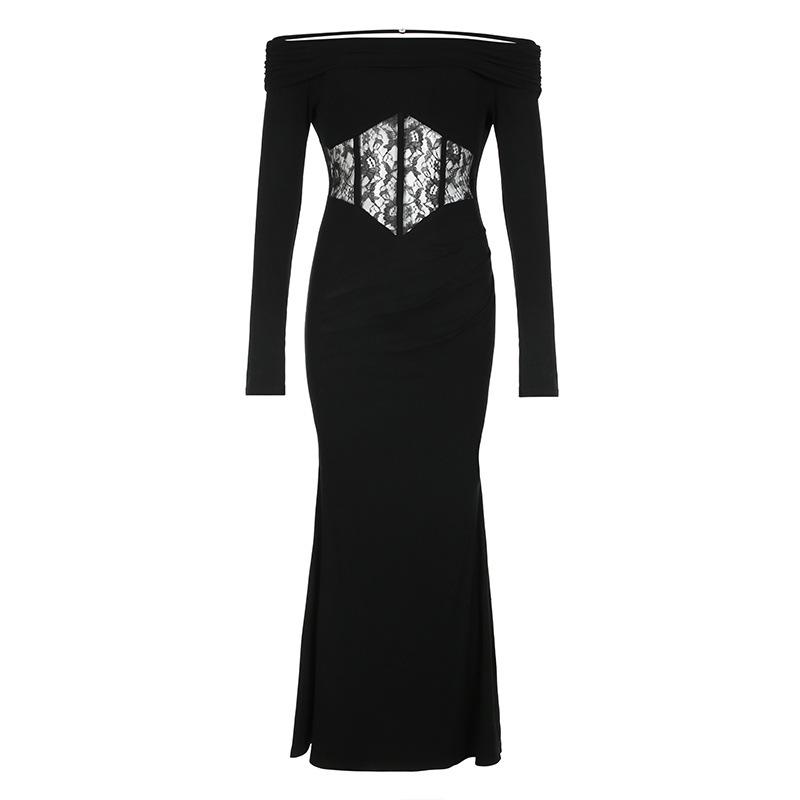 Elegant French Lace One-Shoulder Fishtail Knit Dress - Slim-Fit Waist-Cinching Long Gown for Women