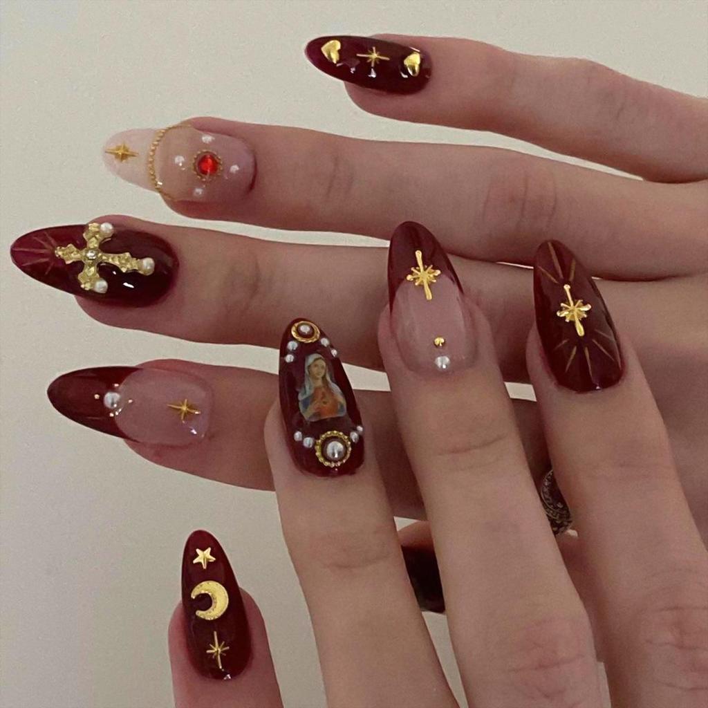 Le Fan Polka Dot French Wearable Short Almond Flower Bow Nail Art Tips False Nails