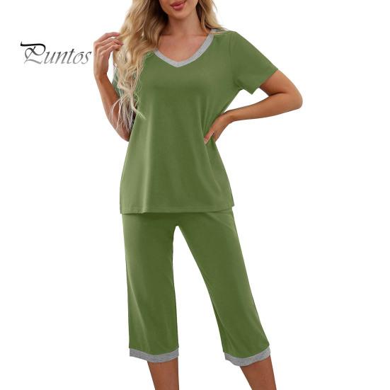 T-shirt Pants Set 2 Pcs/Set Pajamas V Neck Contrast Color Short Sleeve Women Sleepwear Loose Homewear Elastic Waist Cropped Summer Night Clothes