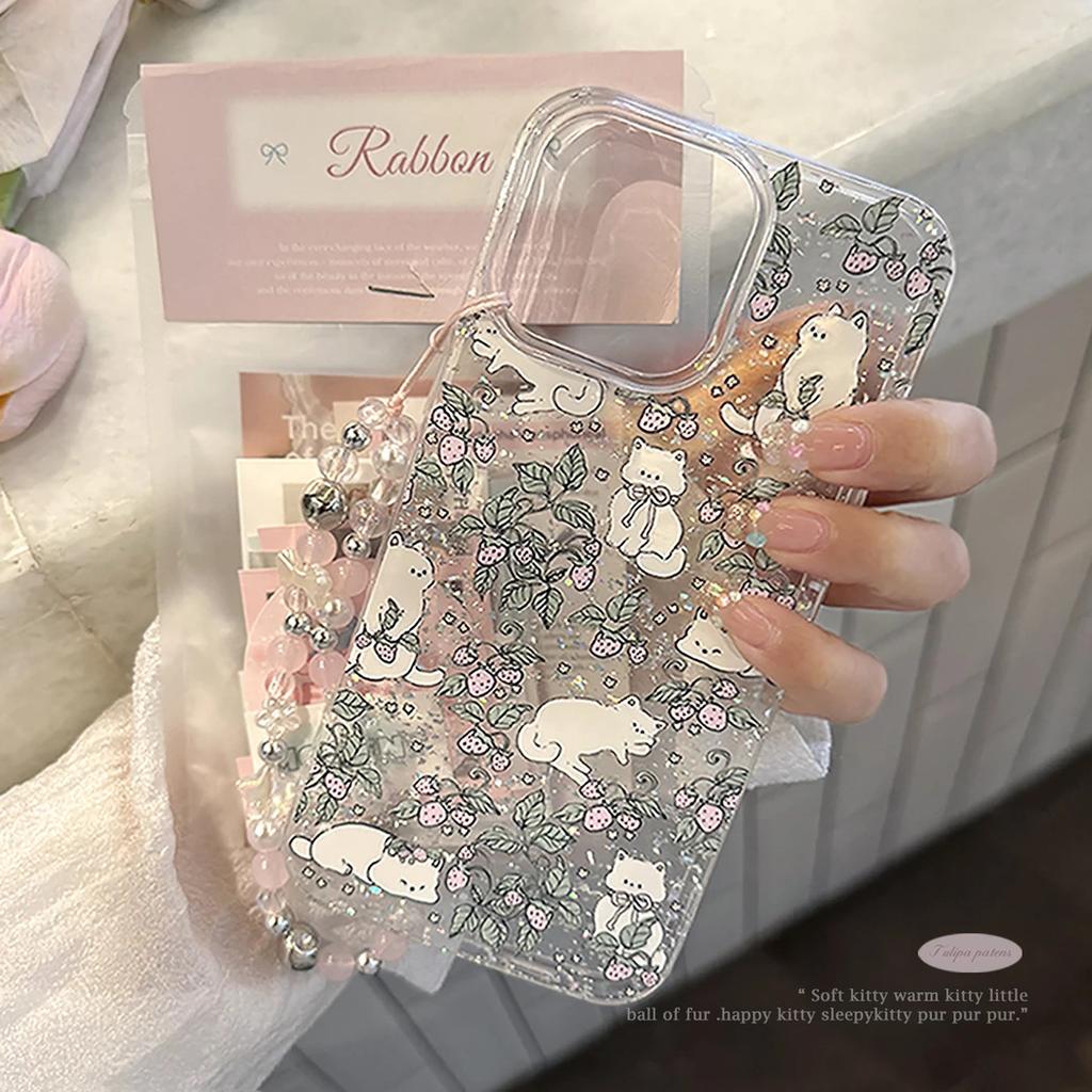 Pastoral strawberry cat is suitable for iPhone16/17pro mobile phone case Apple 15 glitter 13 fresh 14IMD12