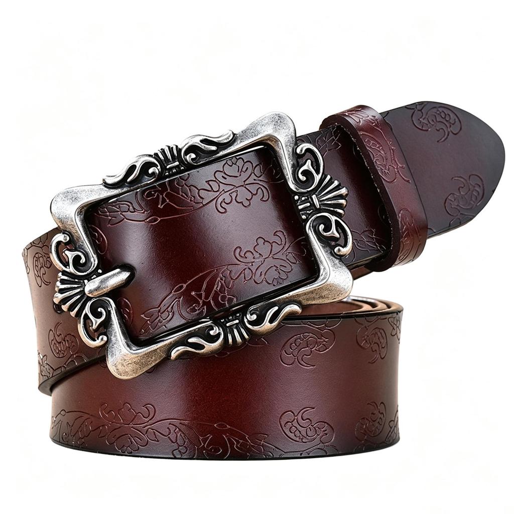 Luxury Retro Palace Style Women's Leather Belt with Butterfly Embossed Carved Buckle