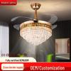 European Light Luxury Crystal Ceiling Fan with Invisible Blades for Living Room, Bedroom, and Restaurant.
