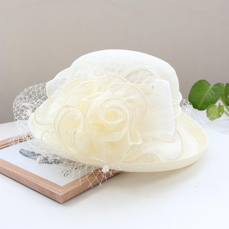 Temperament Linen Flower Elegant Banquet Top Hat Spring And Autumn Solid Color Curled Sun Hat Women'S Outdoor Sunscreen Basin Hat