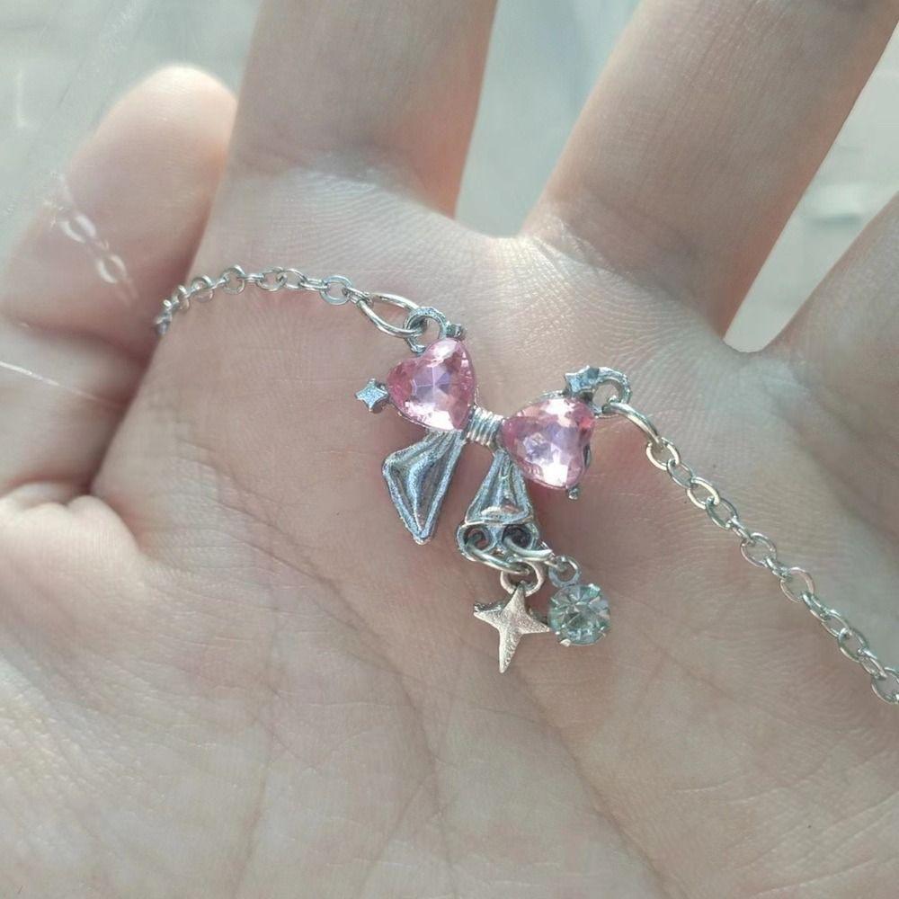 Star Shape Rhinestone Pendant Sweet Clavicle Chain Elegant Pink Bow Necklace  Jewelry