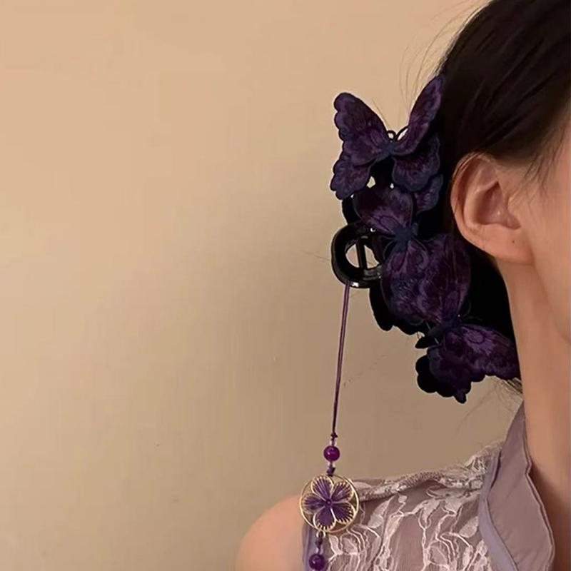 Chinesischer Stil Stricken Schmetterling Haarspangen Damen Lila Lange Blume Quaste Haifisch Greifklemmen Vintage Hanfu Kopfschmuck