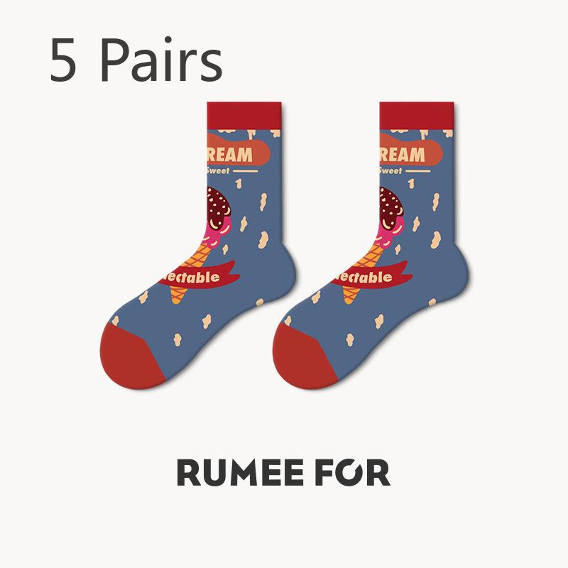 5 Pairs of Women's Spring and Autumn Retro Fashion Non Slip Tube Socks