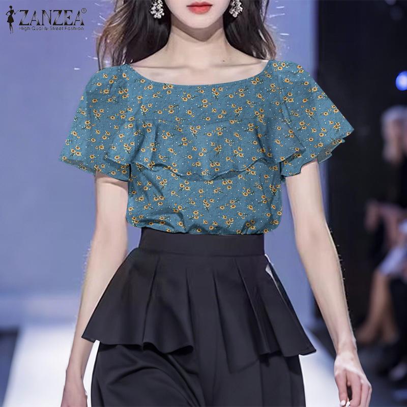 ZANZEA Kobiety Casual Falbany Okrągły Dekolt Krótki Rękaw Bluzka z Nadrukiem Kwiatowym