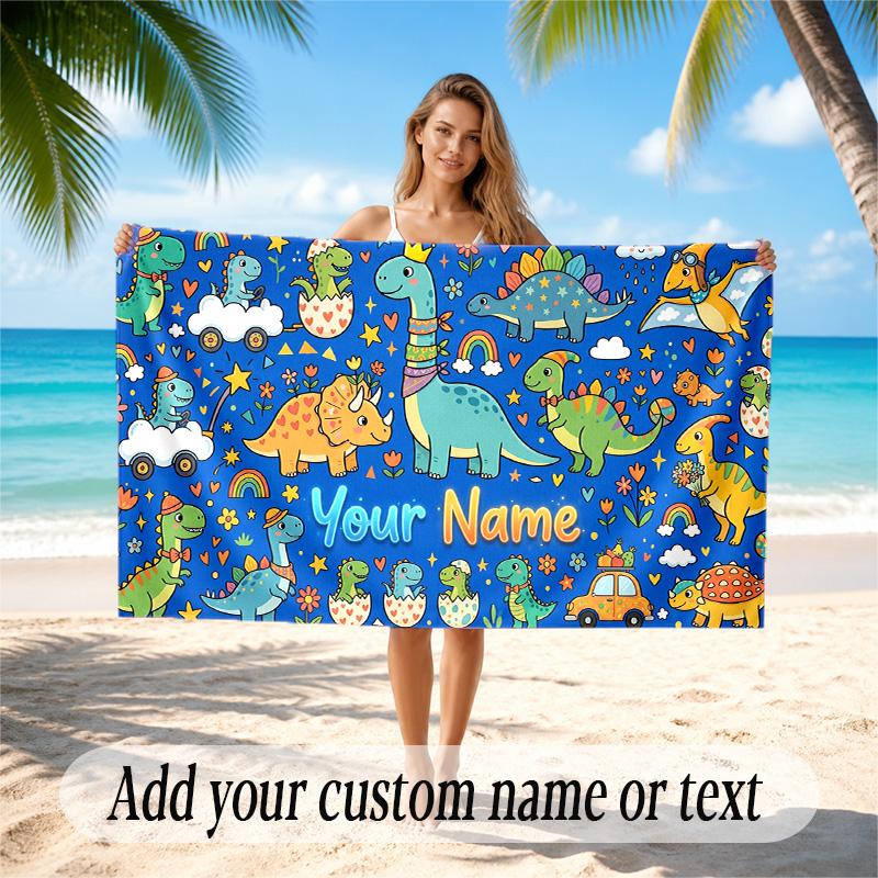 Dinosaur Theme Quick Dry Beach Towel Custom Name Text Print Large Sand Resistant Towel Beach Vacation