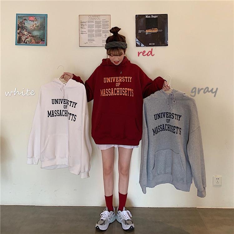 Women Warm Soft Hoodies Padded Sweater Female College Style Loose Medium-length Letters Printed Casual Wildcard Retro Simple Literary Long-sleeved