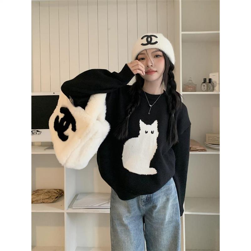 Koreansk stil Dam Kort Pullover Stickad Tröja Höst och Vinter Retro Lös Topp