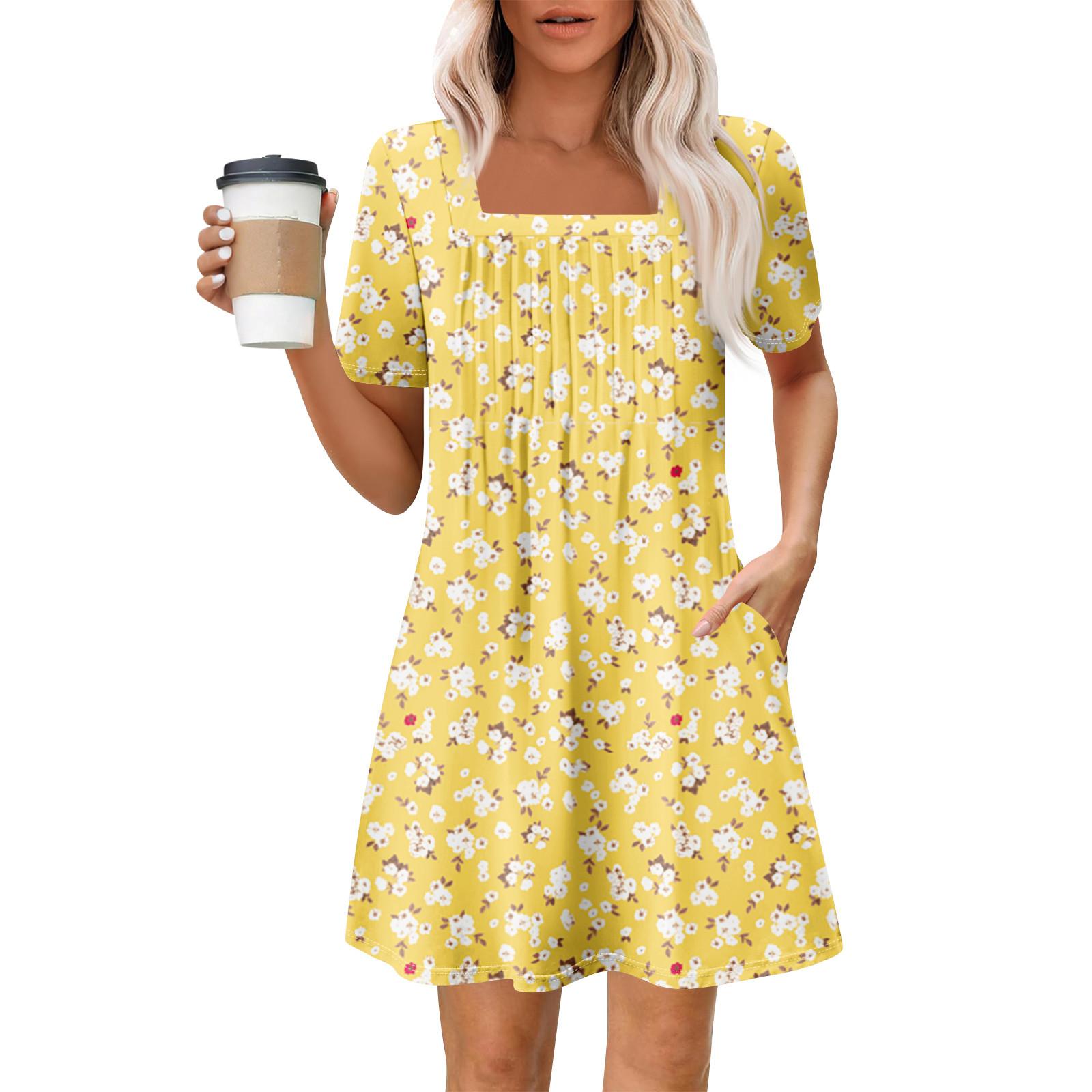 Women s Summer Casual Square Neck Pleated Front With Pocket Printed Short Sleeve Dresses XL