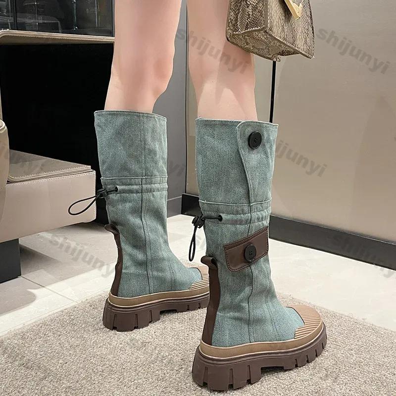 Women Blue Denim Thigh High Boots Thick Heels Simple Thick High Heels Autumn Winter New Fashion Platform Knee High Knight Boots