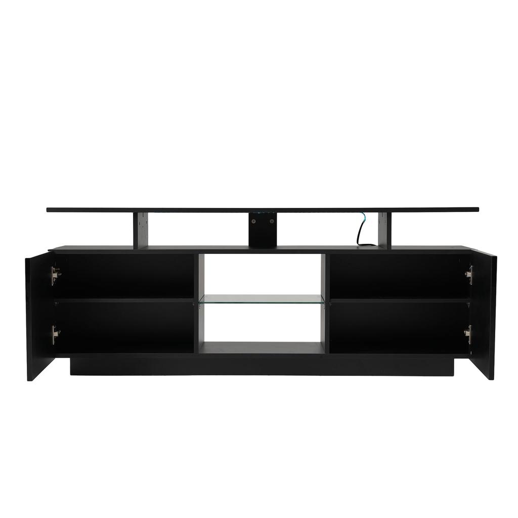 TV Board TV Cabinet High Gloss Lowboard TV Stand Television Up To 60 Inches, Flap Door, Glass Shelf, Handleless Design, 140cm, Living Room, Black