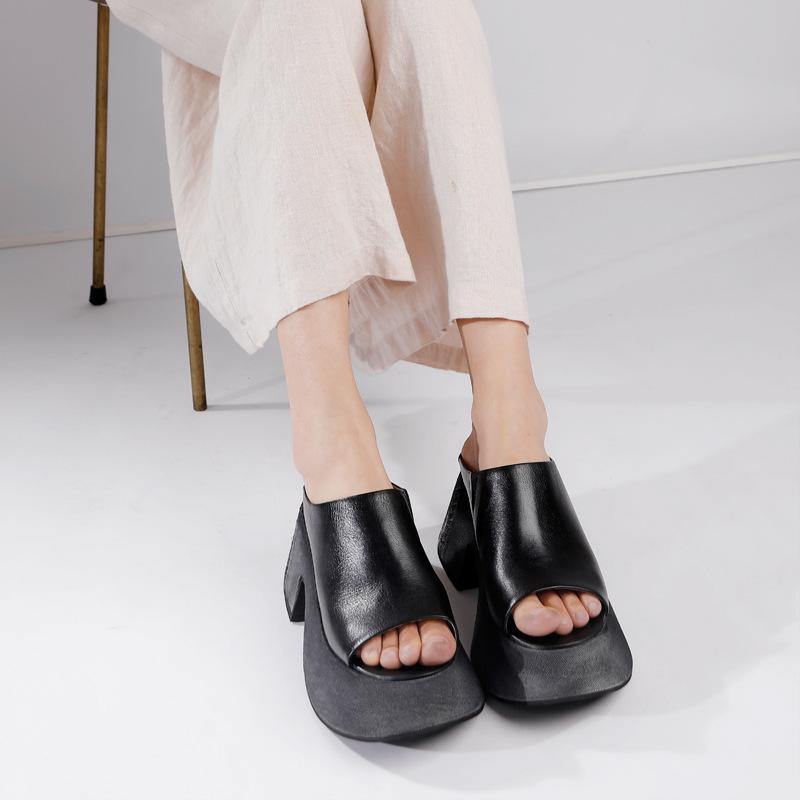 Fashion GKTINOO 8cm Slipper ROME Platform Wedge High Heels Summer Shoes Women Peep Toe Cow Genuine Leather Moccasins Embroider Mary Jane