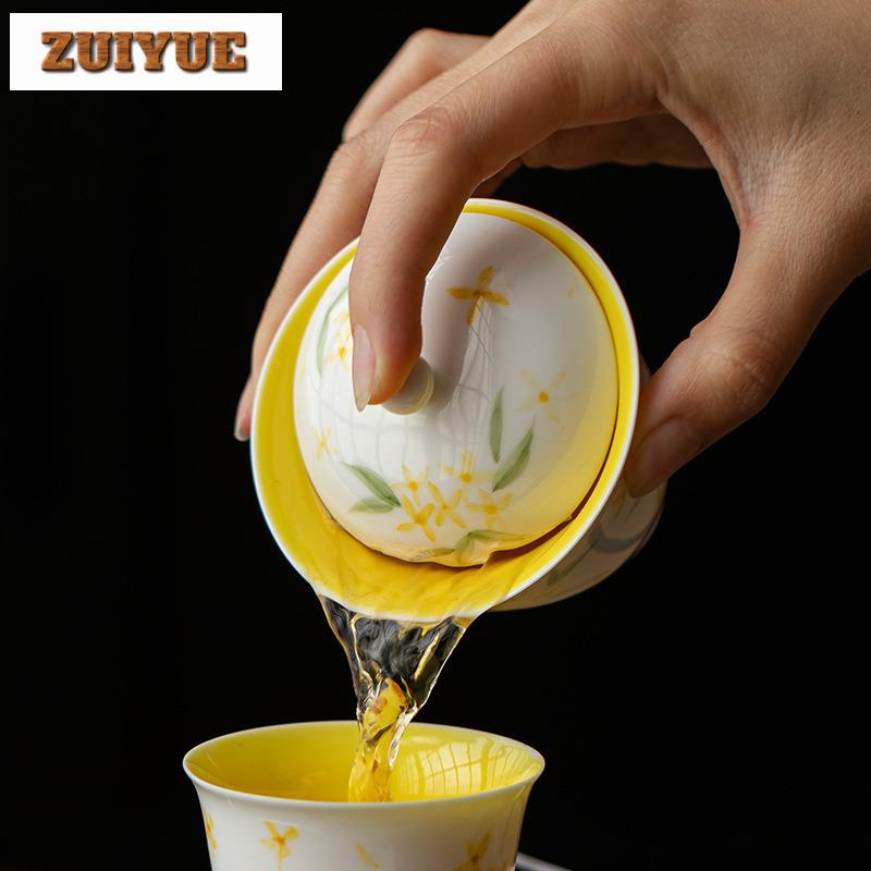 100ml White Porcelain Pure Hand Painted Osmanthus Lid Bowl Creative Handmade Ceramic Tea Bowl  Kung Fu Tea Set Tea Art Supplies