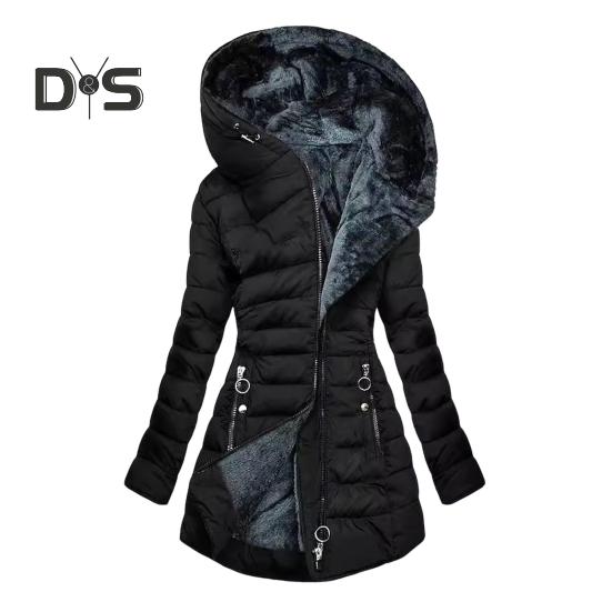 Giacca invernale da donna imbottita taglie forti con fodera in peluche, chiusura con cerniera imbottita, lunghezza media, con cappuccio, tinta unita, caldo, antivento