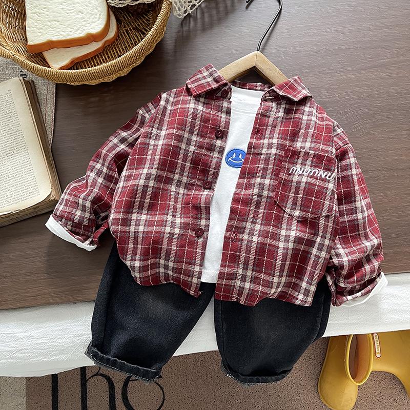 Boys' 2025 Korean Style Plaid Two-Piece Set: Long-Sleeve Casual Shirt for Kids