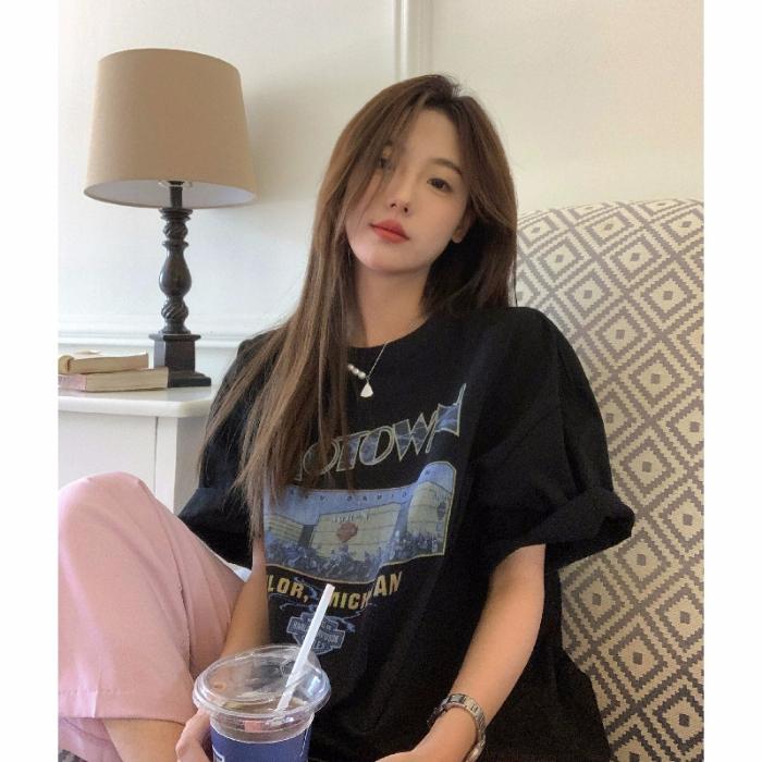 

Лето Новинка Американский Ретро Свободный Повседневный Ленивый Круглый Вырез Футболка Топ Уличная Мода Чесаный Хлопок Короткий Рукав 4XL