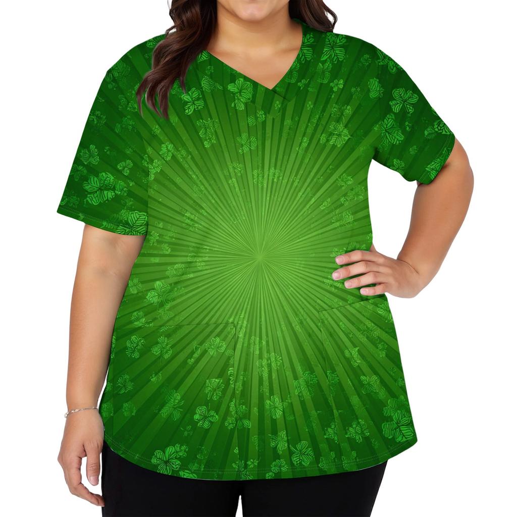 Women's Fashion V-neck Short Sleeve Workwear With Pockets Printed Tops