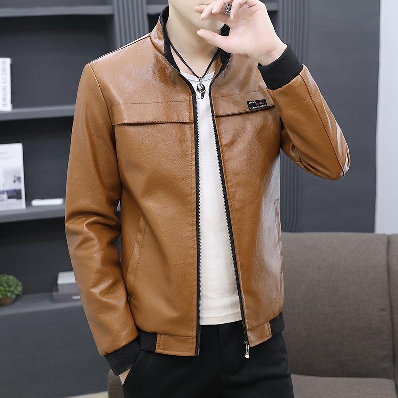Lederjacke Herren Herbst neu Slim Fit Koreanischer Stil gutaussehend und modisch grün Motorradlederjacke modische Herrenjacke